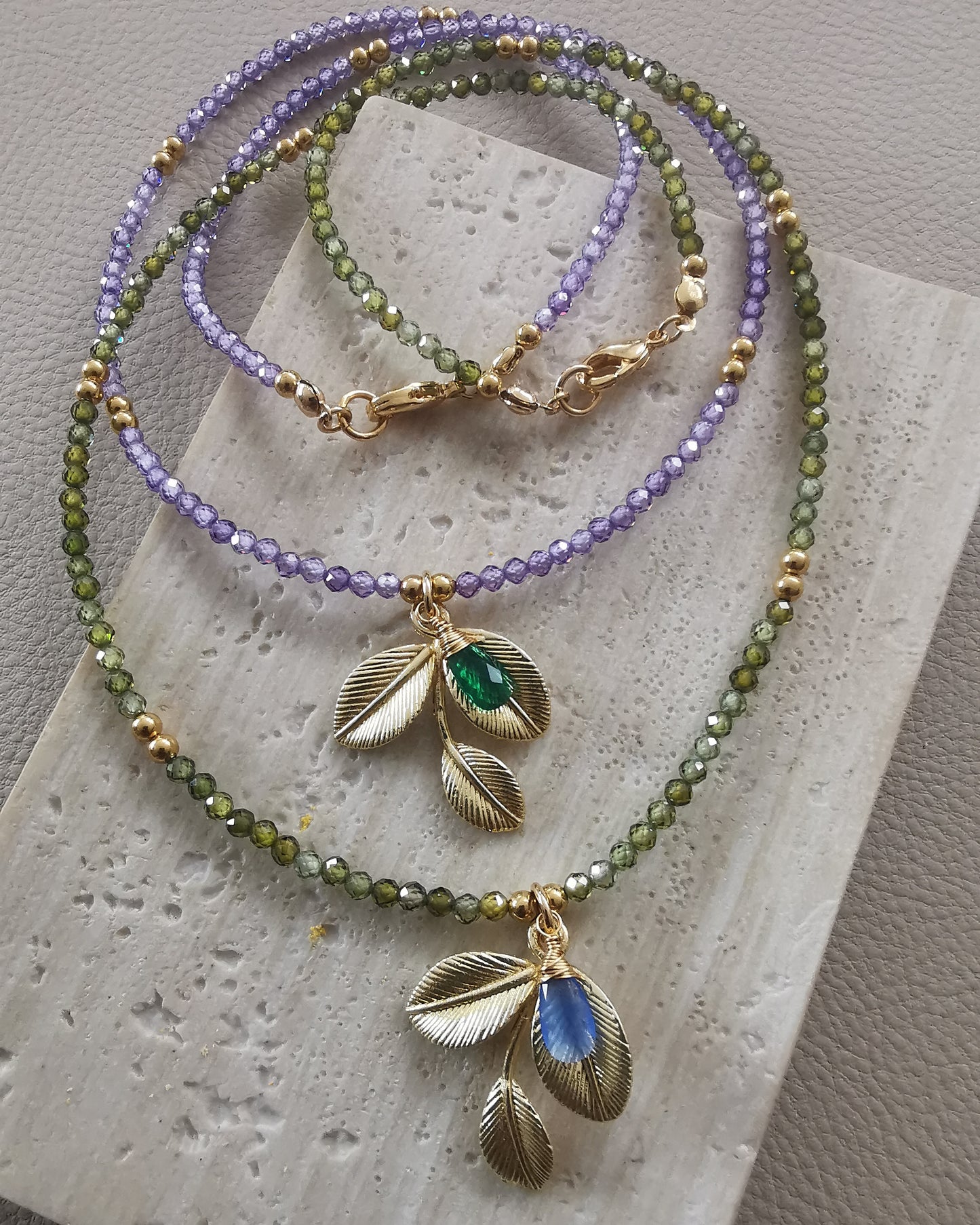 OLIVIA - Olive Leaf Bead Necklace with Wire-Wrapped Gemstone.