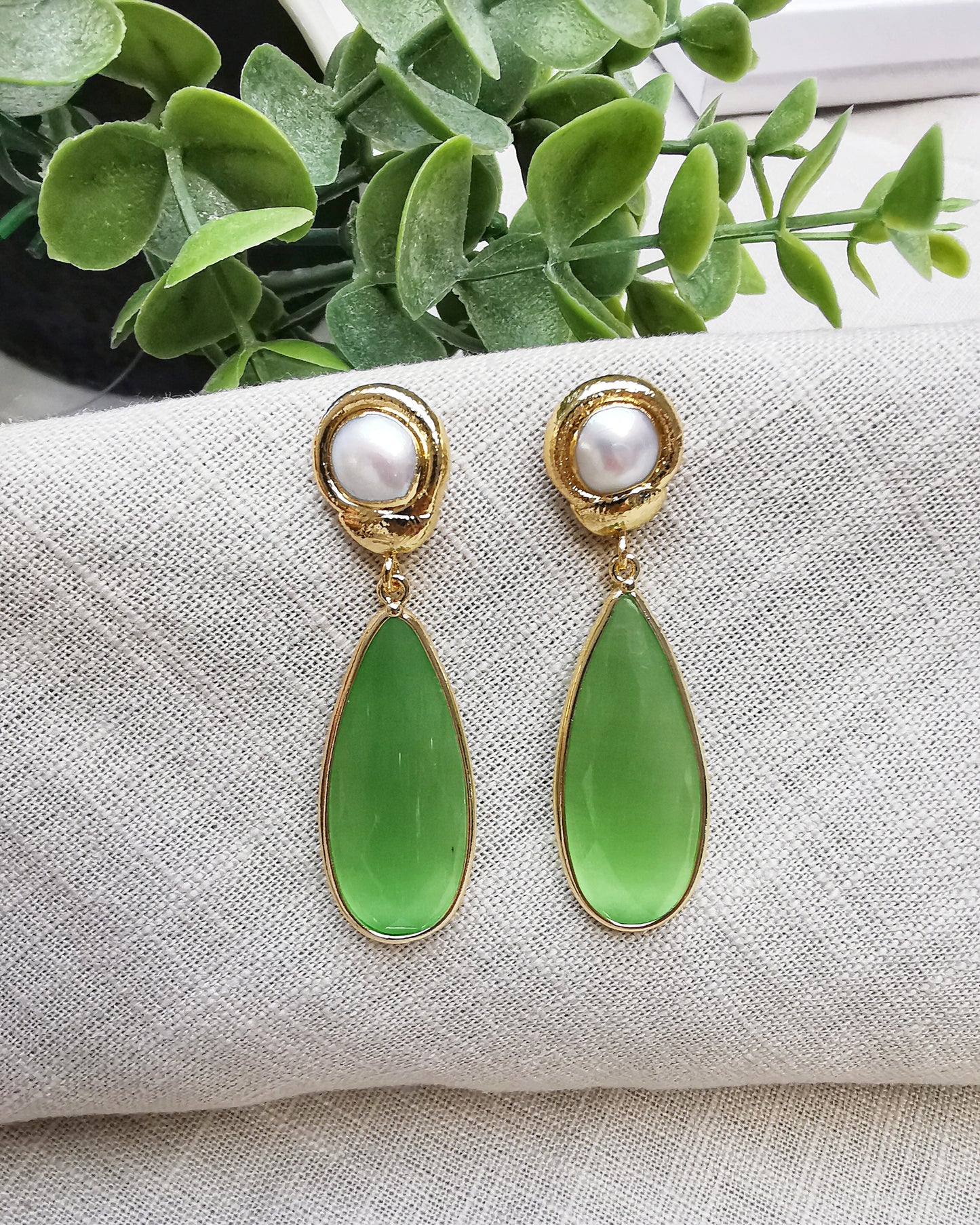 Apple Green Monalisa Statement Earrings with Freshwater Pearls - LIMITED EDITION