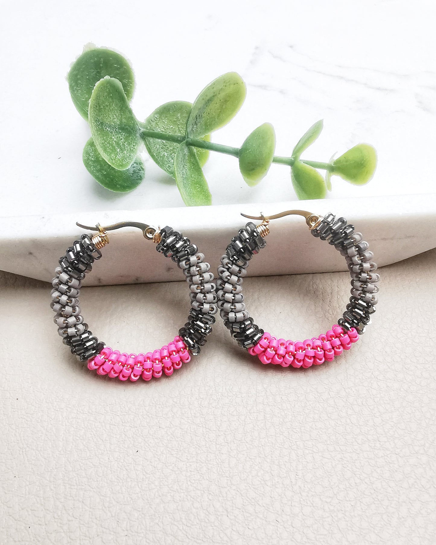 Hand-Wrapped Seed Bead Hoop Earrings Grey and Pink