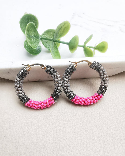 Hand-Wrapped Seed Bead Hoop Earrings Grey and Pink