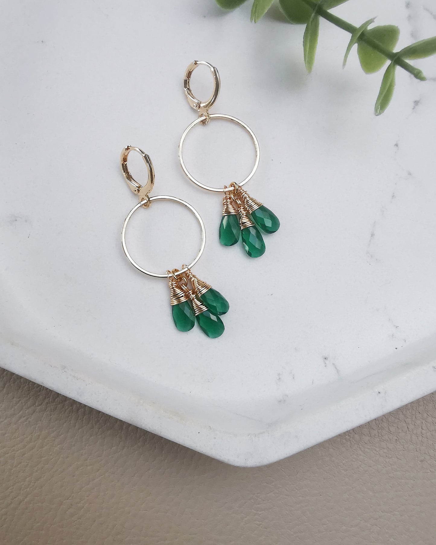 Green Onyx Triple-Drop Gemstone Hoop Earrings