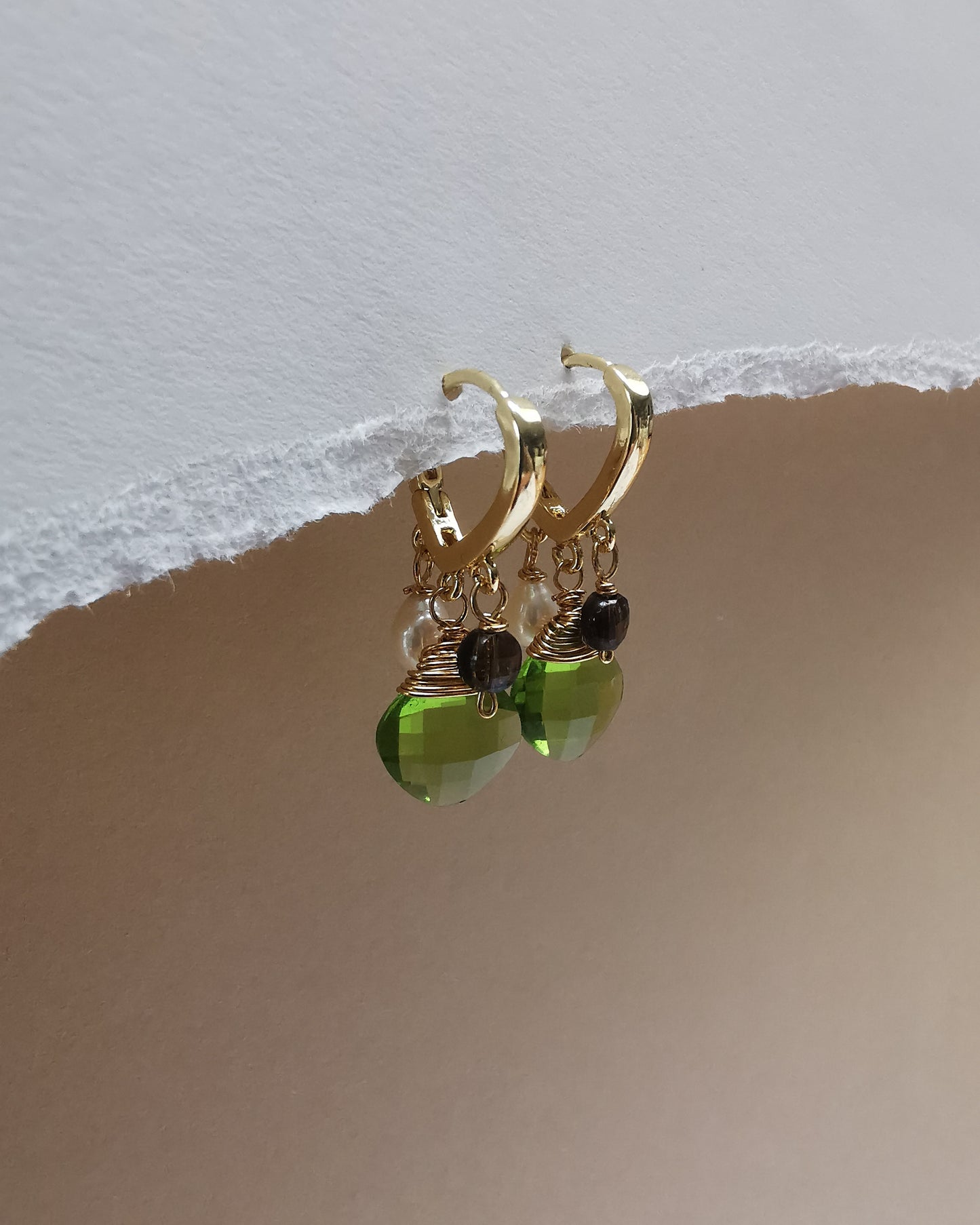 Marquise Huggie Hoop Earrings with Pearls, Peridot & Smoky Quartz