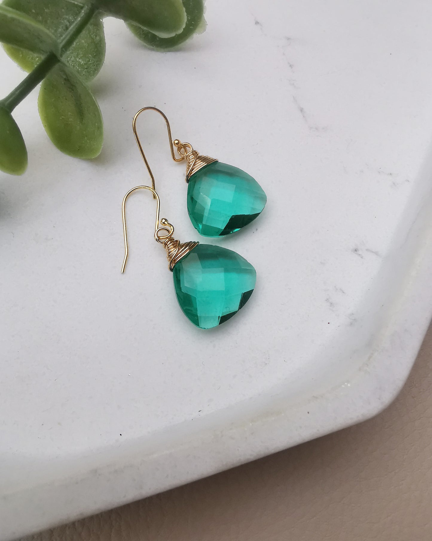 Green Caribbean Iolite Trillion Gemstone Earrings