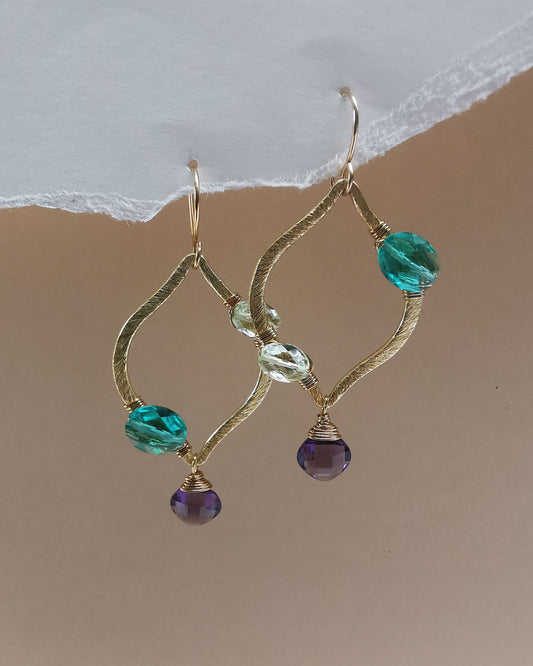 Marquise Brushed-Gold Earrings with Frame-Wrapped Gemstones & Amethyst Drop