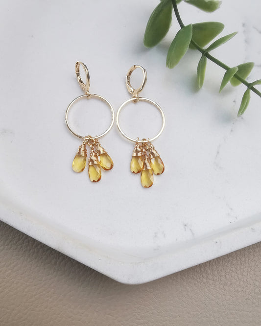 Citrine Triple-Drop Gemstone Hoop Earrings