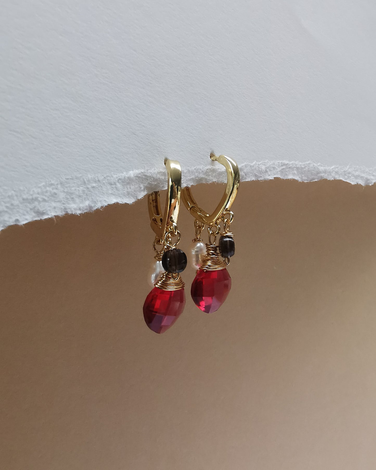 Marquise Huggie Hoop Earrings with Pearls, Red Quartz & Smoky Quartz