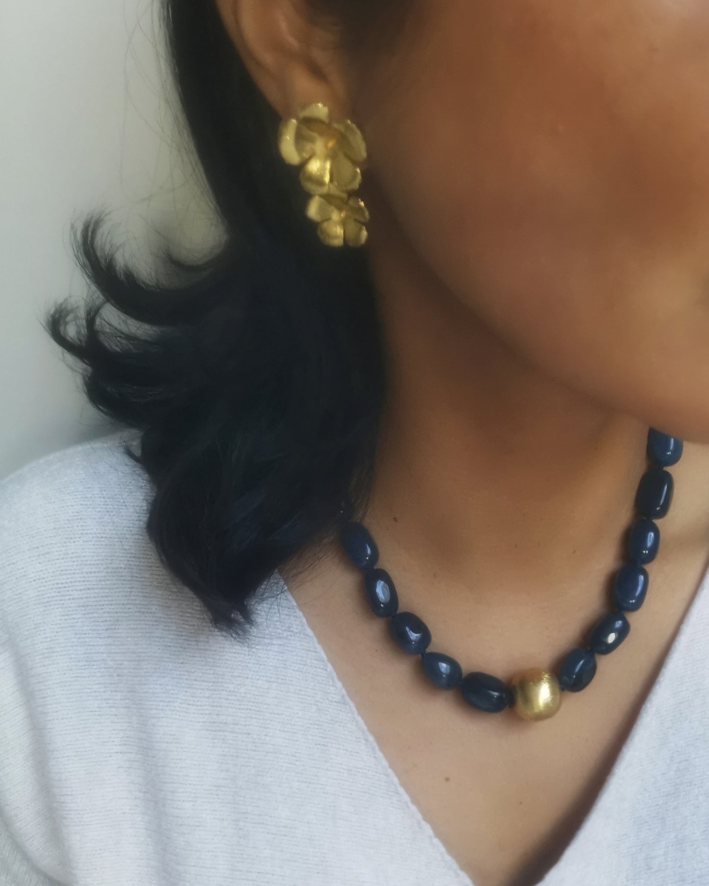 Navy Statement Chalcedony Necklace with a single gold brushed bead.