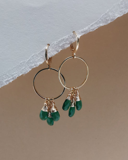 Green Onyx Triple-Drop Gemstone Hoop Earrings