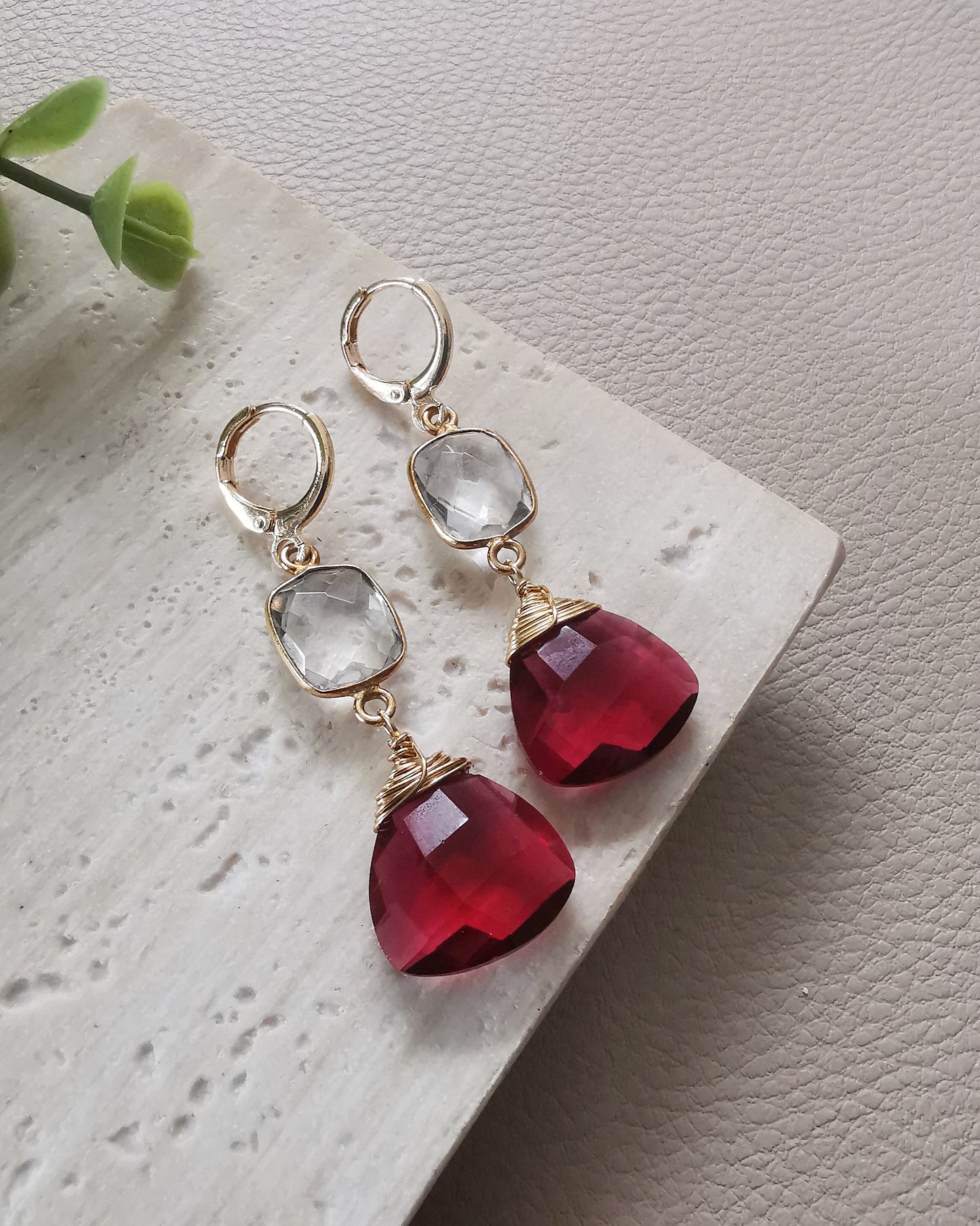 Clear Quartz and Red Gemstone Drop Earrings