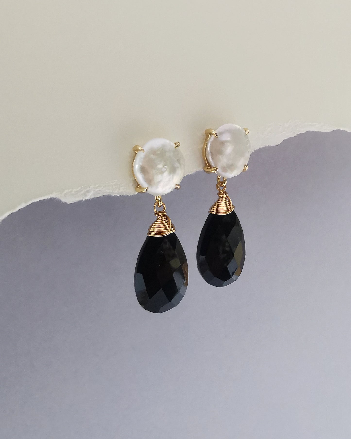 Pearl Stud Earrings with Hand-Wrapped Black Onyx Drop