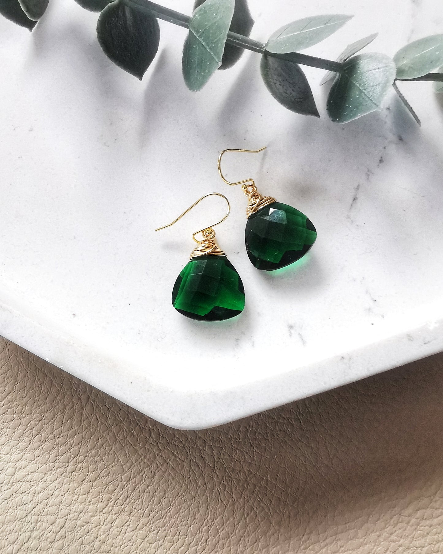 Emerald Quartz Trillion Gemstone Earrings