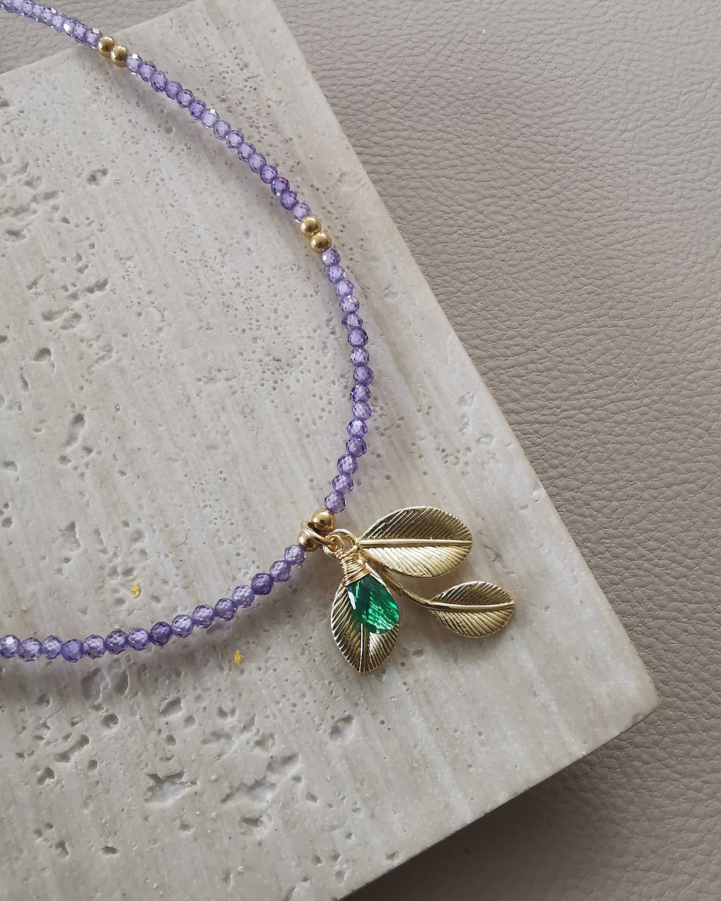 OLIVIA - Olive Leaf Bead Necklace with Wire-Wrapped Gemstone.