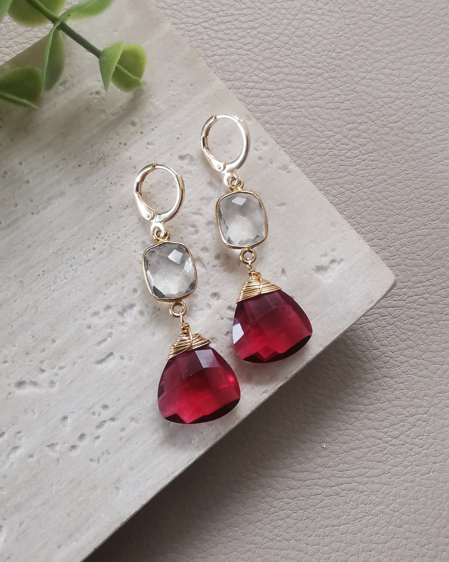 Clear Quartz and Red Gemstone Drop Earrings