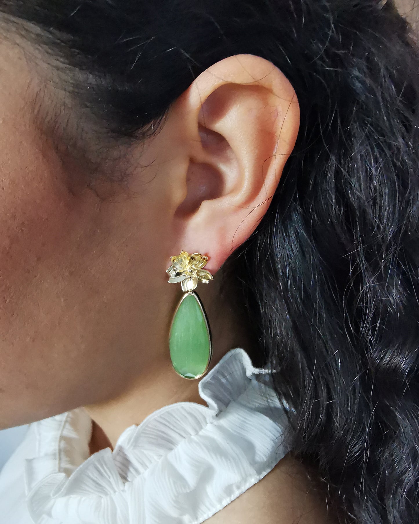 Apple Green Monalisa Statement Earrings with Floral Ear Post - LIMITED EDITION
