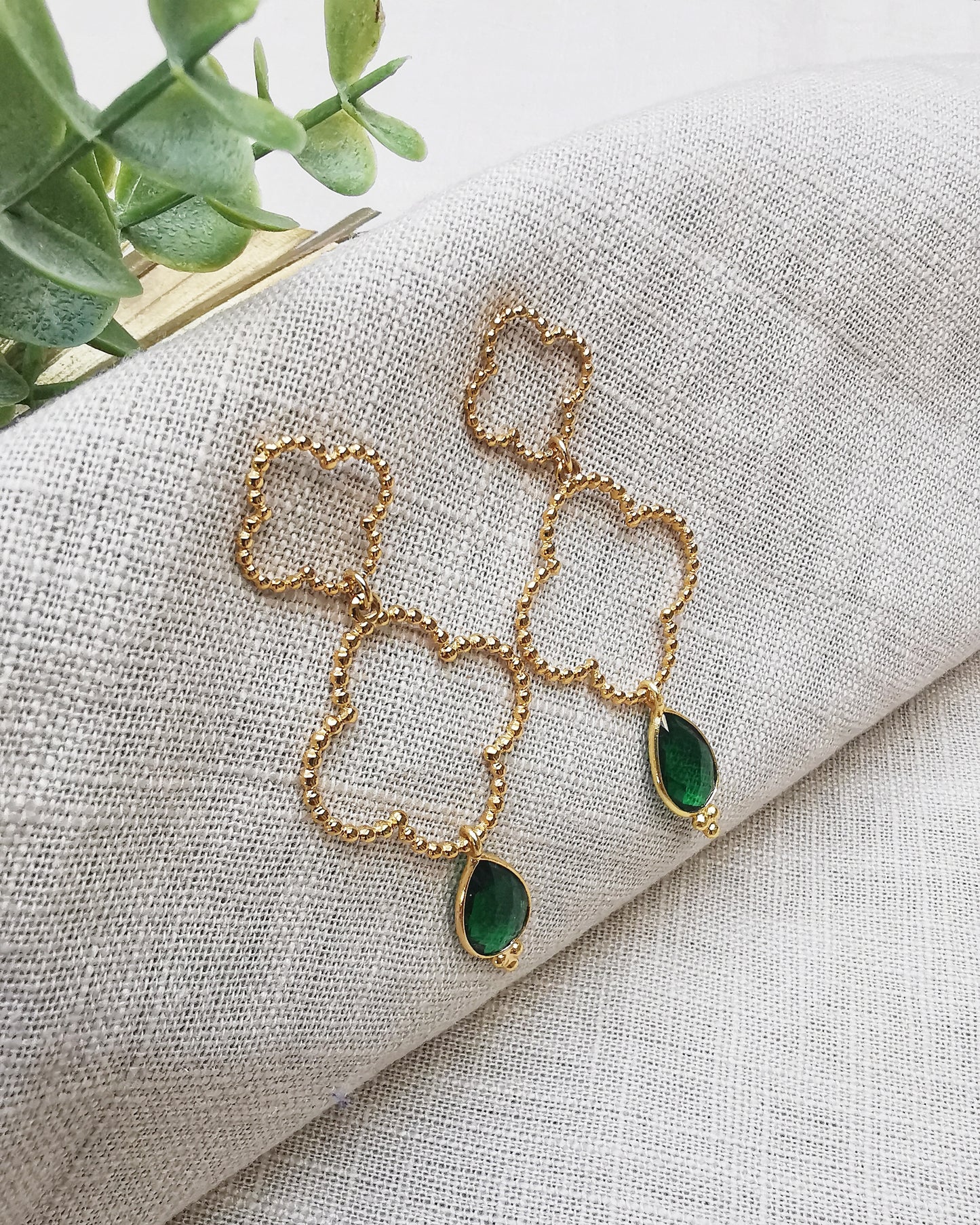 Long Drop Emerald Quartz Clover Earrings