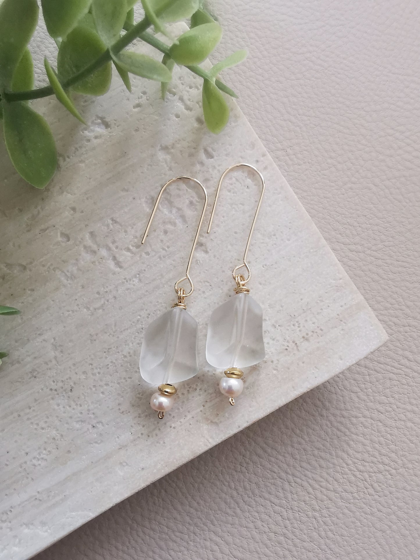 IVANNA - Ice Menta Long Drop Earrings with Irregular Cut Matte Crystal & Pearl Accent.