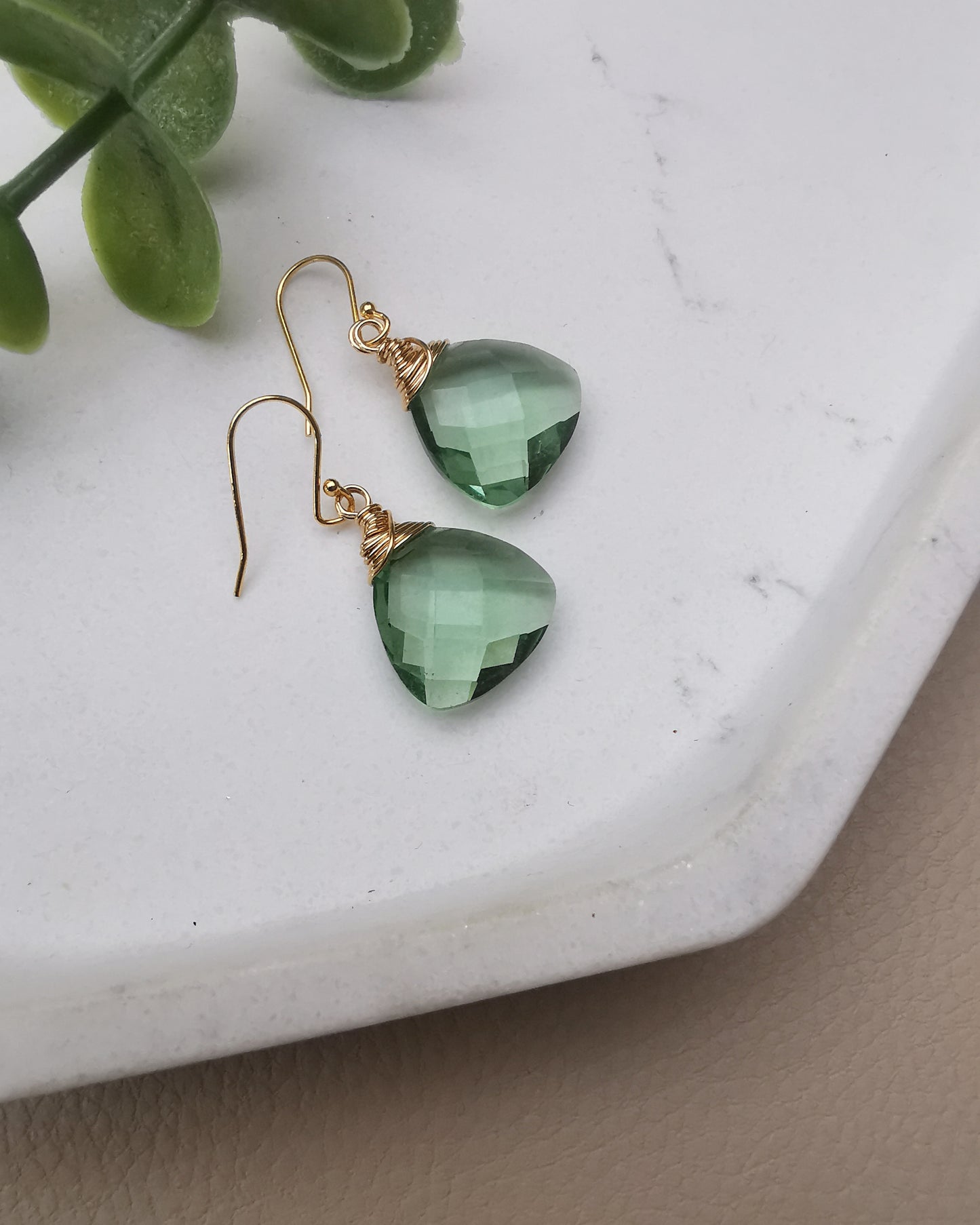 Green Amethyst Trillion Gemstone Earrings