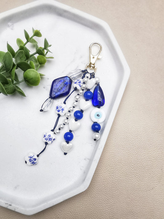 Navy Blue & White Gemstone Bag Charm – Classic & Modern
