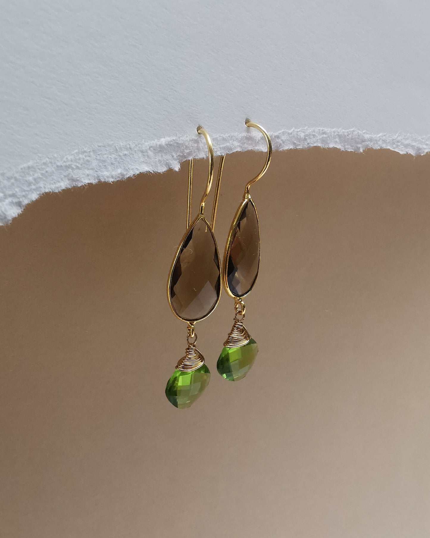 Smoky Quartz Teardrop Earrings with Peridot.