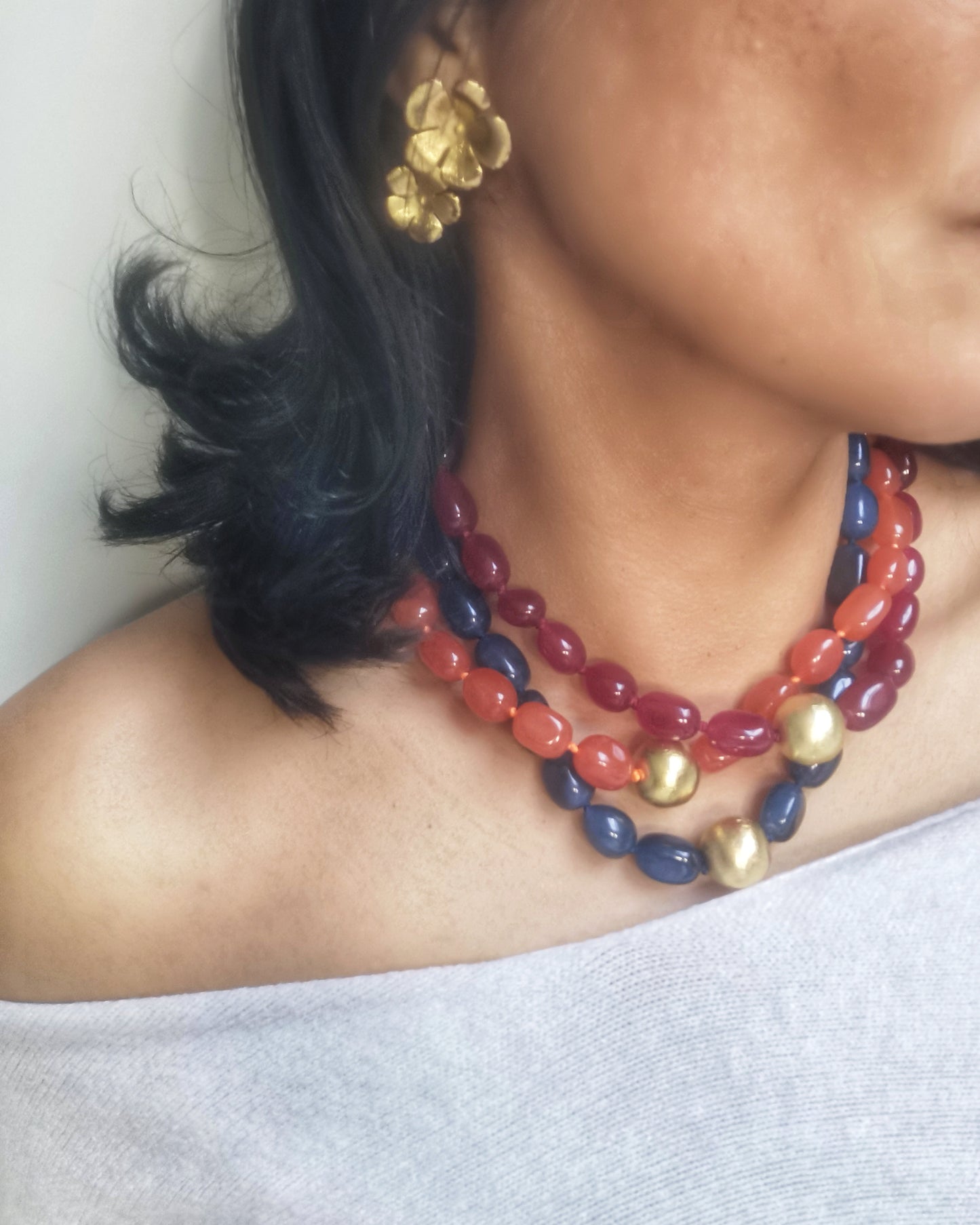 Orange Statement Chalcedony Necklace with a single gold brushed bead.