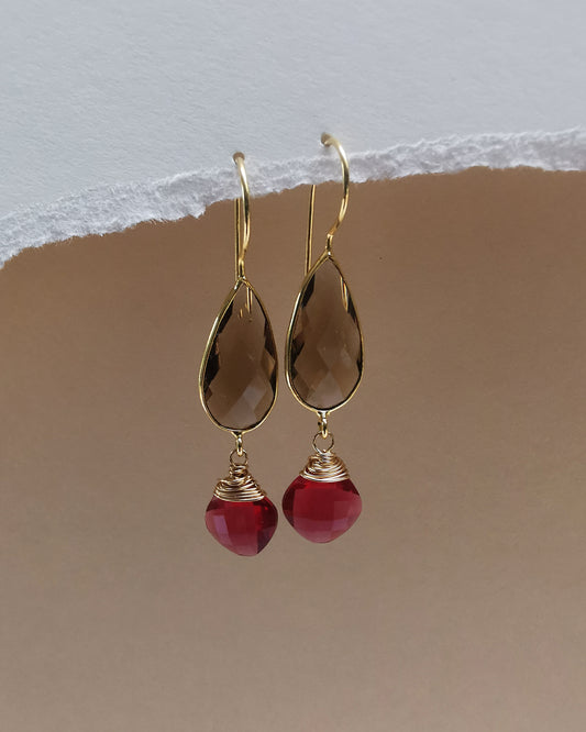Smoky Quartz Teardrop Earrings with Red Quartz