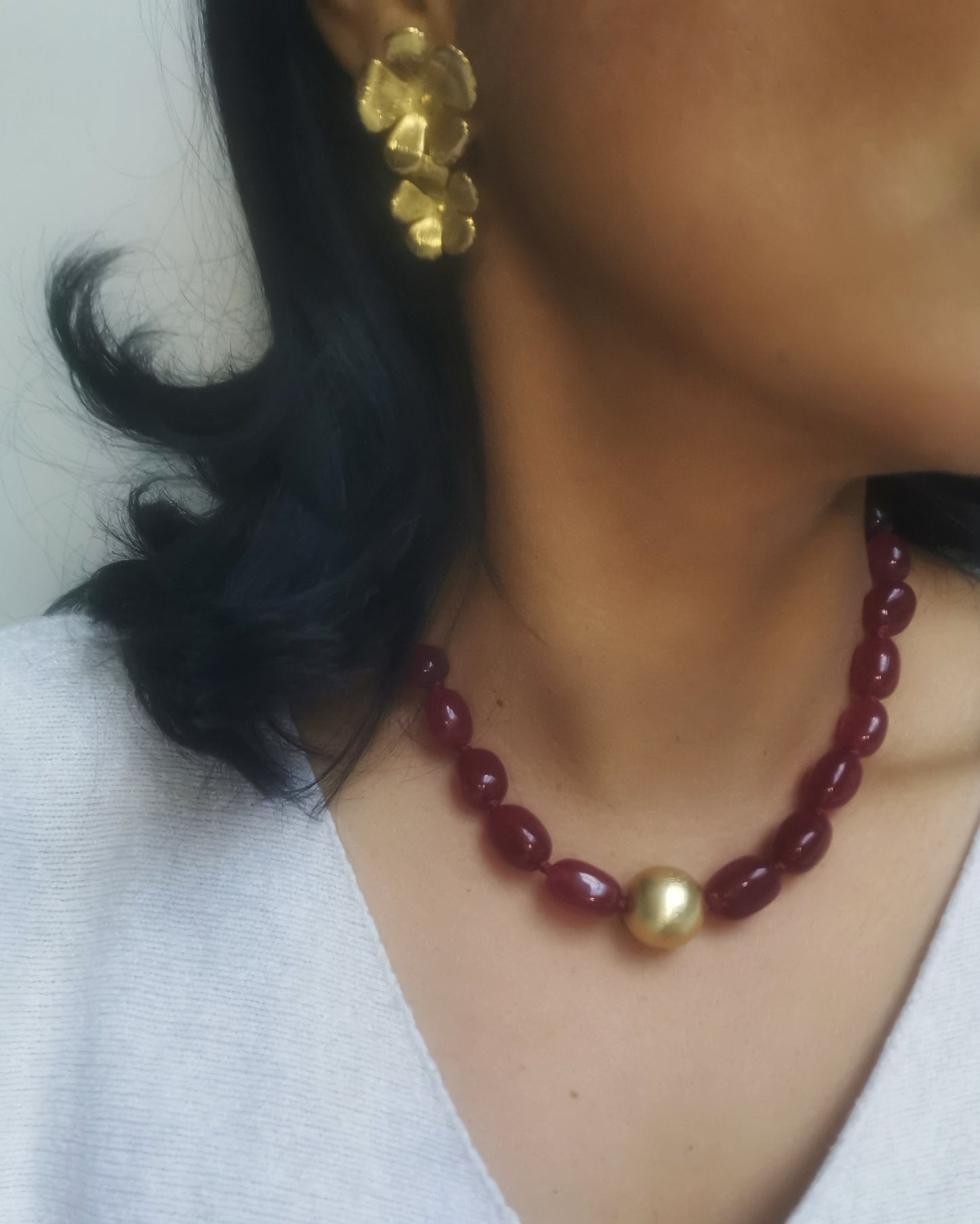 Red Wine Statement Chalcedony Necklace with a single gold brushed bead.