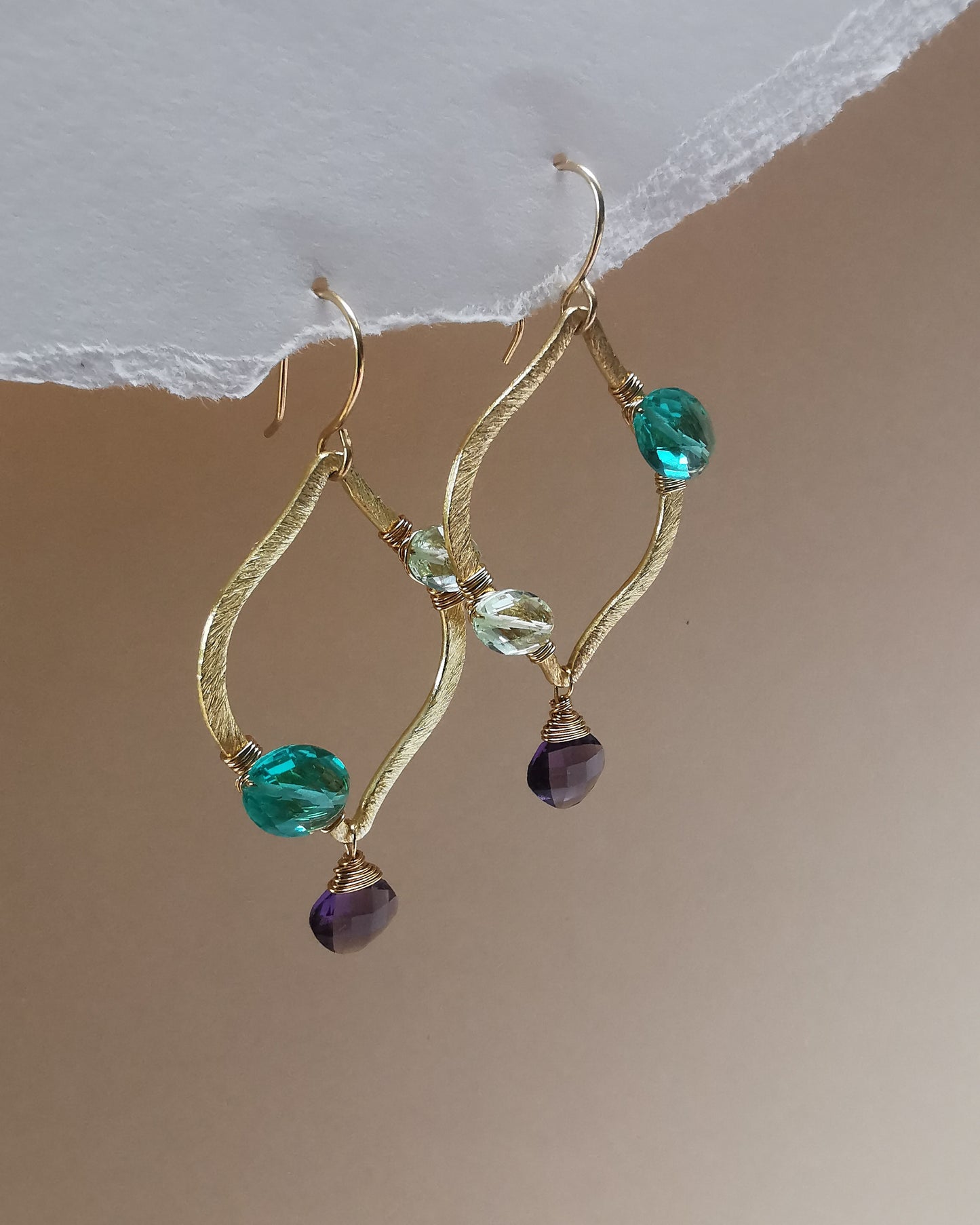 Marquise Brushed-Gold Earrings with Frame-Wrapped Gemstones & Amethyst Drop