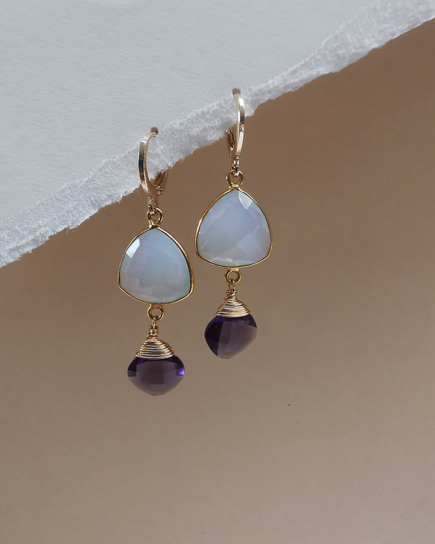 Opalite Trillion Earrings with Amethyst