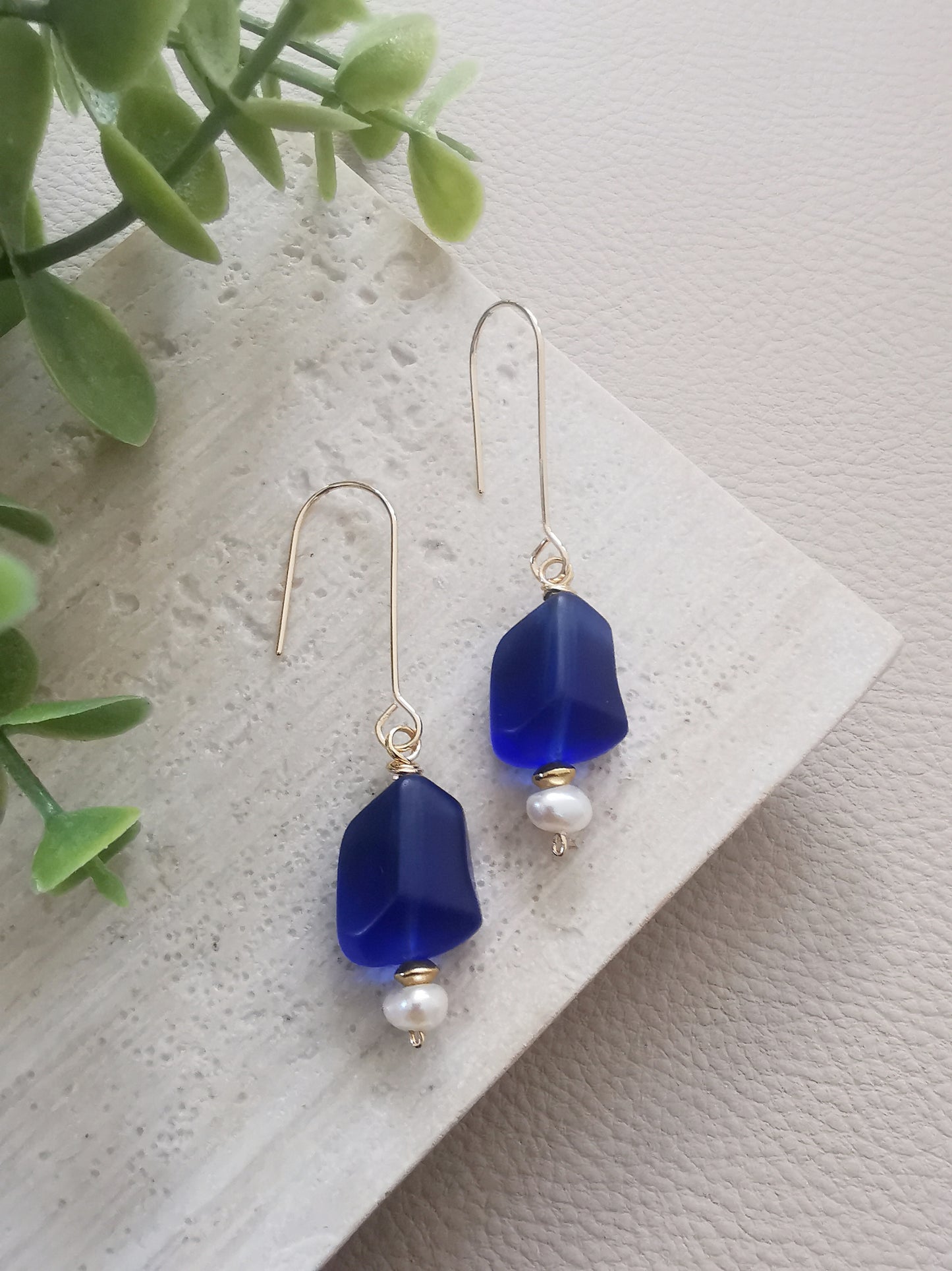 IVANNA - Ice Royal Blue Long Drop Earrings with Irregular Cut Matte Crystal & Pearl Accent.9
