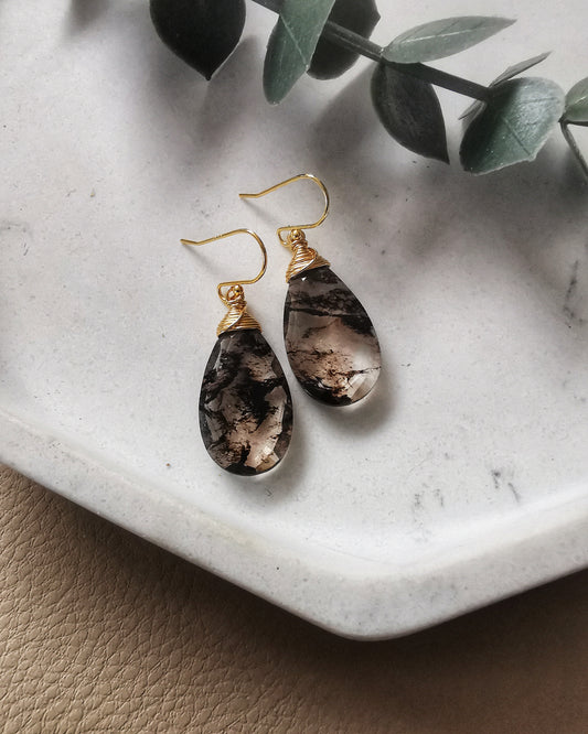 Black Infused Quartz Teardrop Earrings