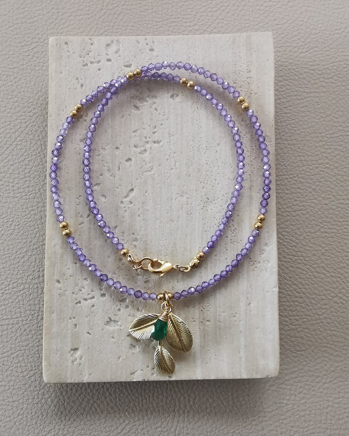 OLIVIA - Olive Leaf Bead Necklace with Wire-Wrapped Gemstone.