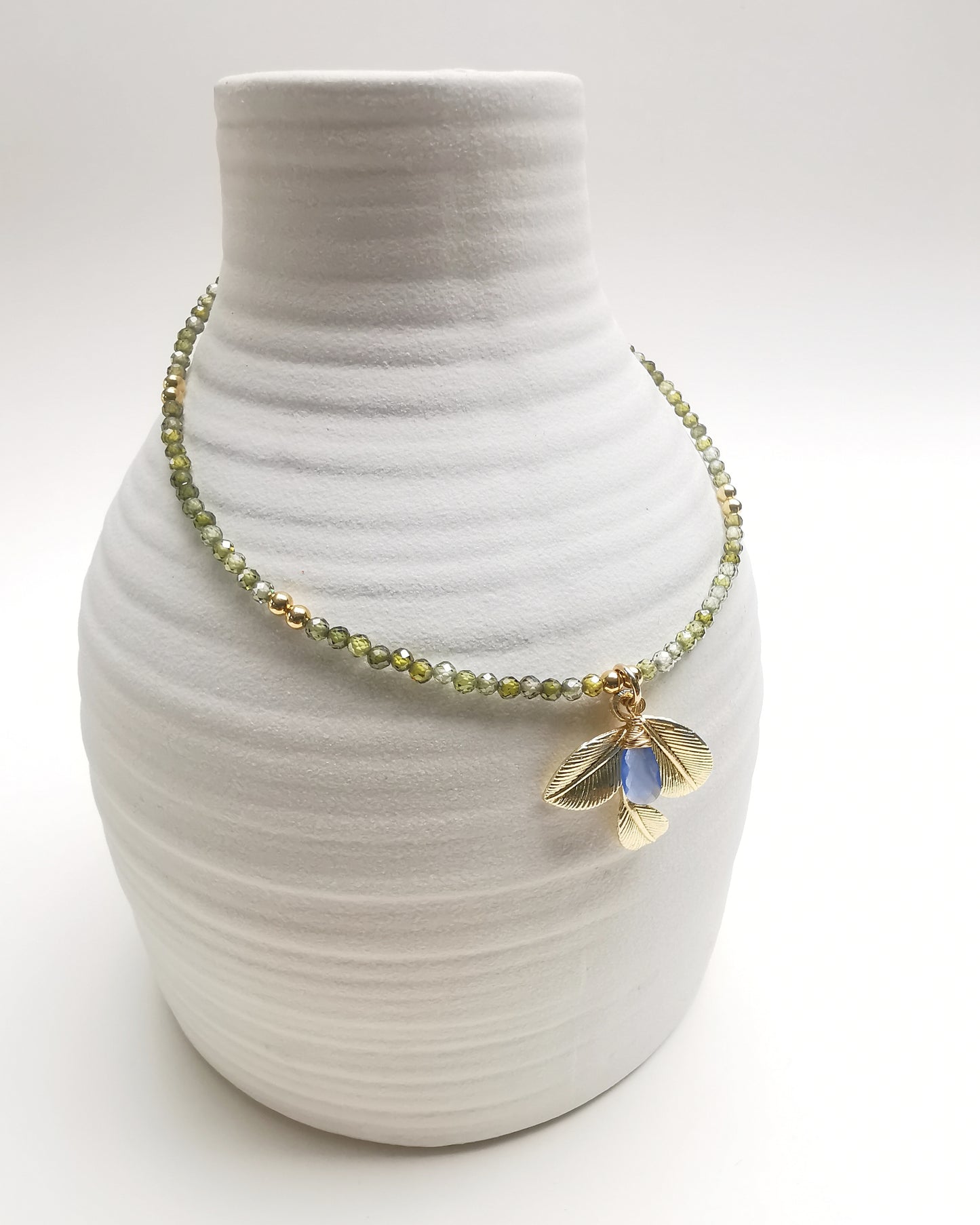 OLIVIA - Olive Leaf Bead Necklace with Wire-Wrapped Gemstone.