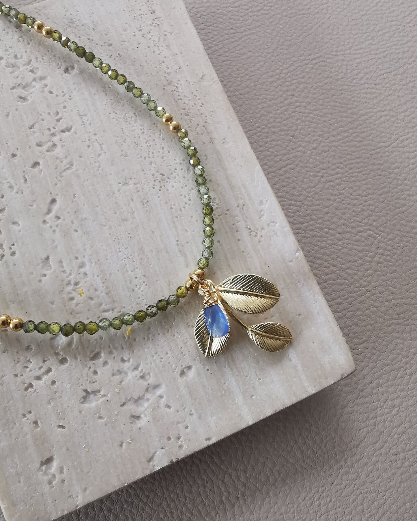 OLIVIA - Olive Leaf Bead Necklace with Wire-Wrapped Gemstone.