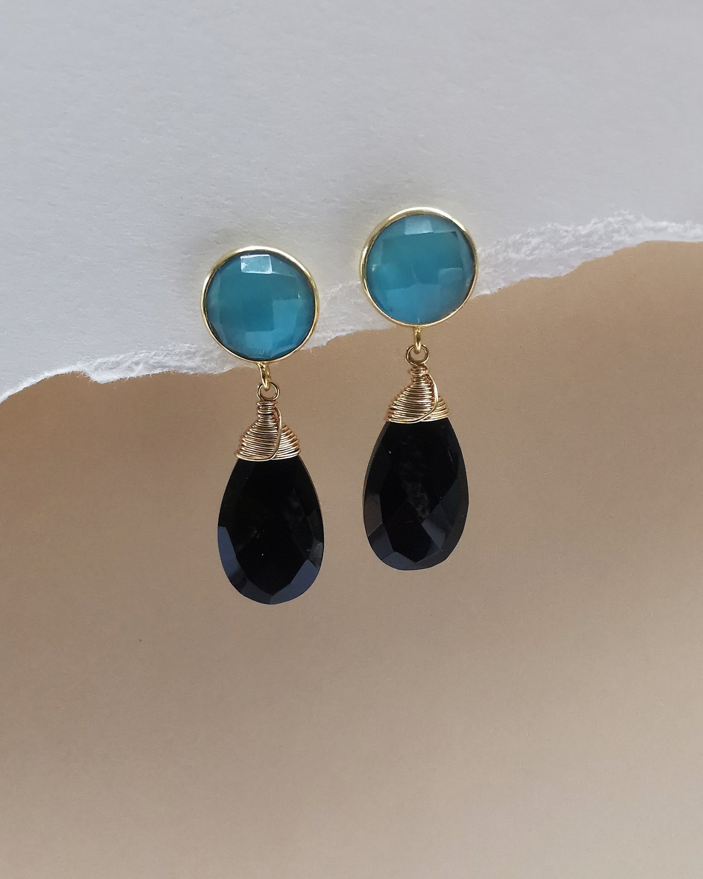 Blue Monalisa Studs with Black Onyx Teardrop Drop