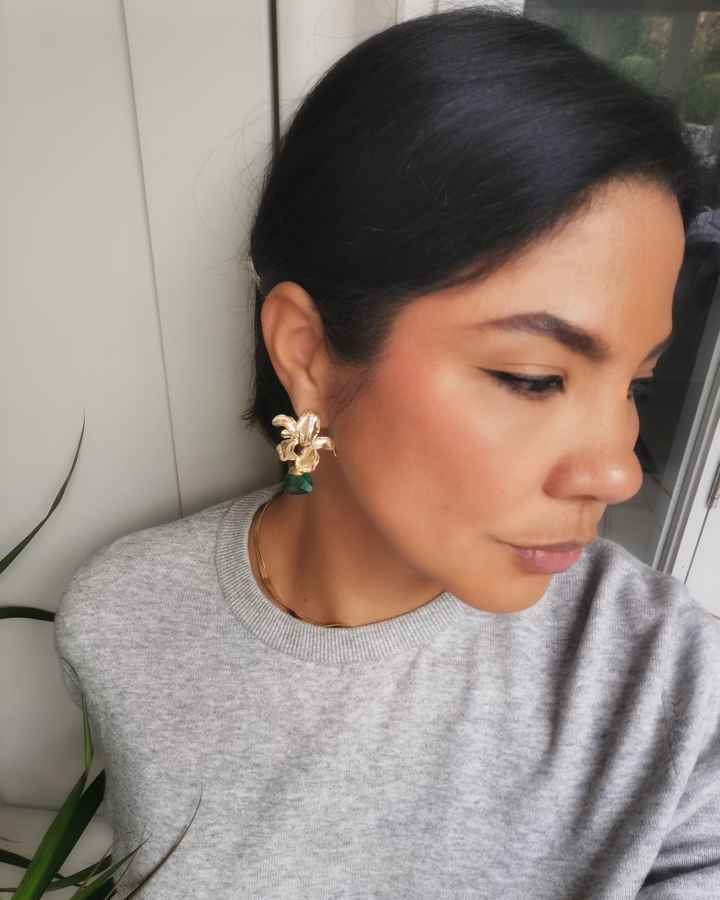 Orchid Flower Earrings with Caribbean Green Iolite