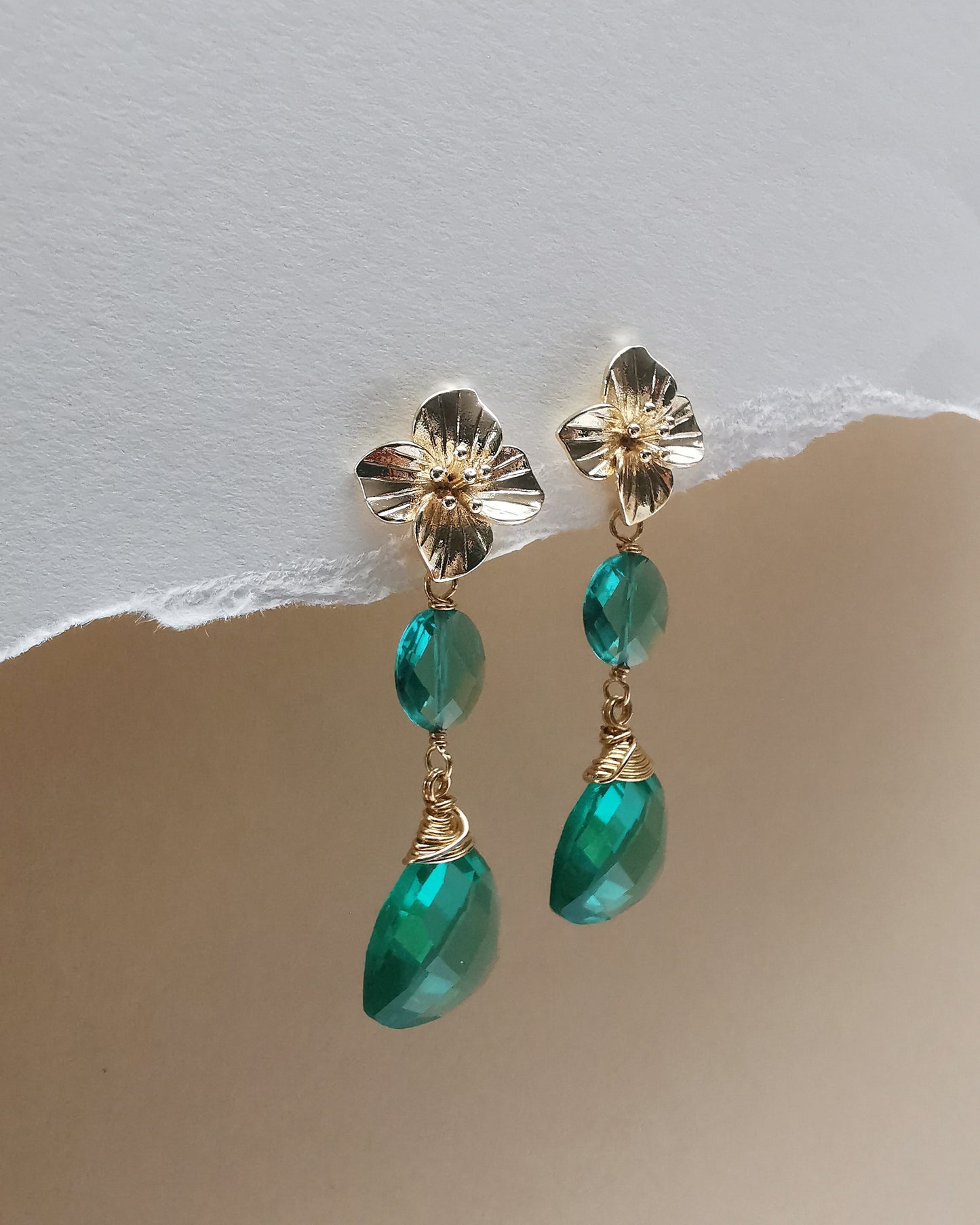 Floral Stud Earrings with Caribbean Green Iolite Drops