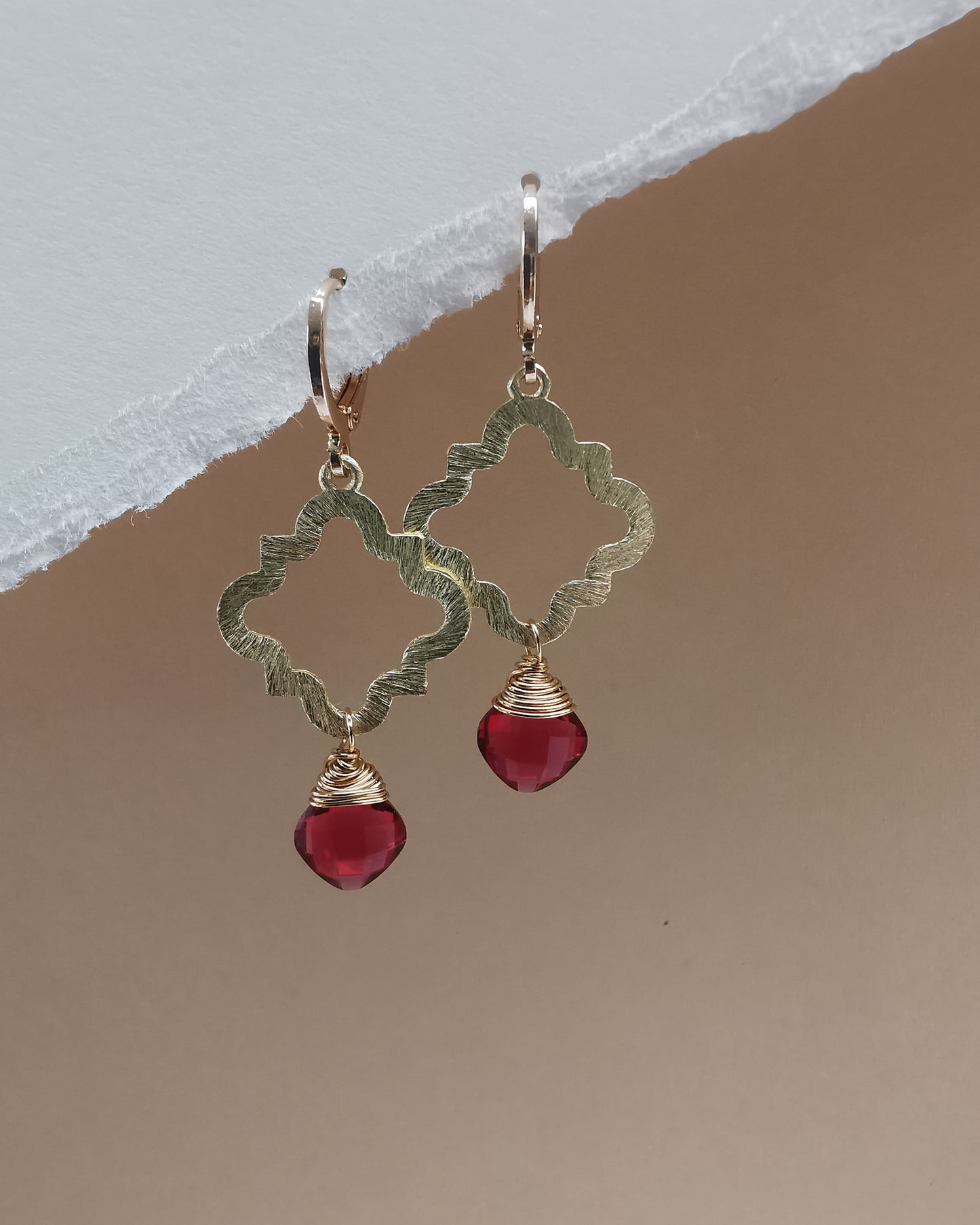 Gold Brushed Geometric Earrings with Red Quartz