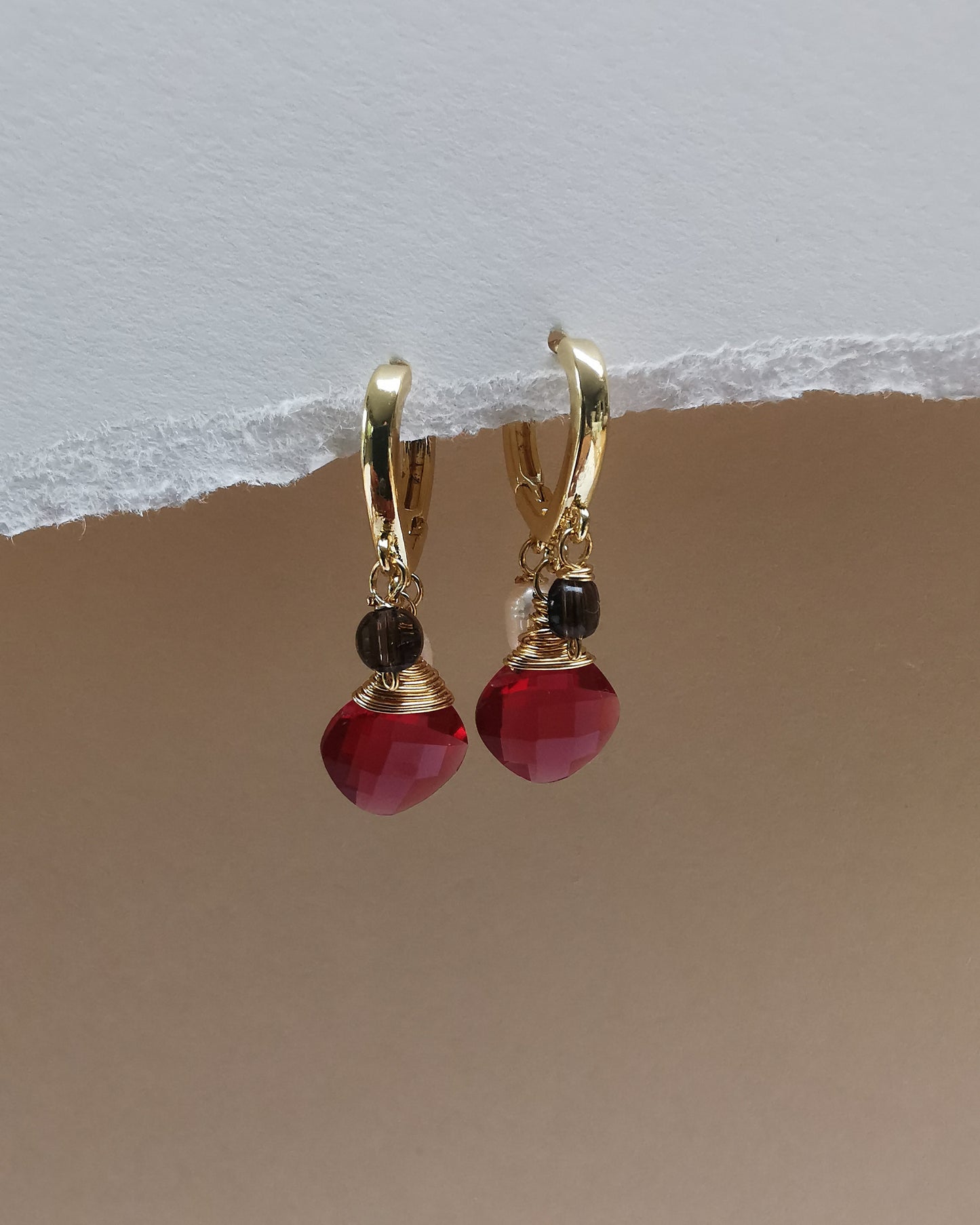 Marquise Huggie Hoop Earrings with Pearls, Red Quartz & Smoky Quartz