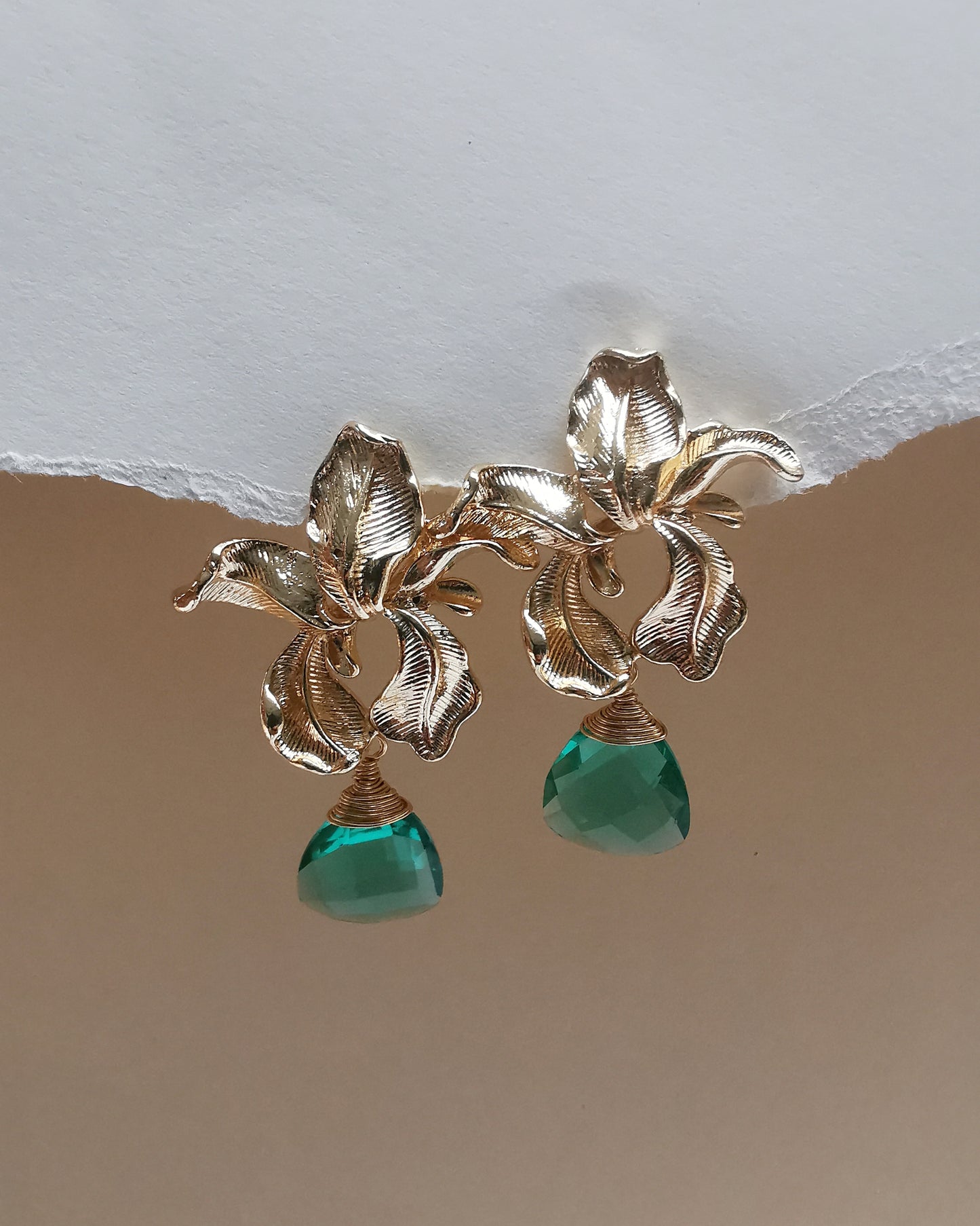 Orchid Flower Earrings with Caribbean Green Iolite