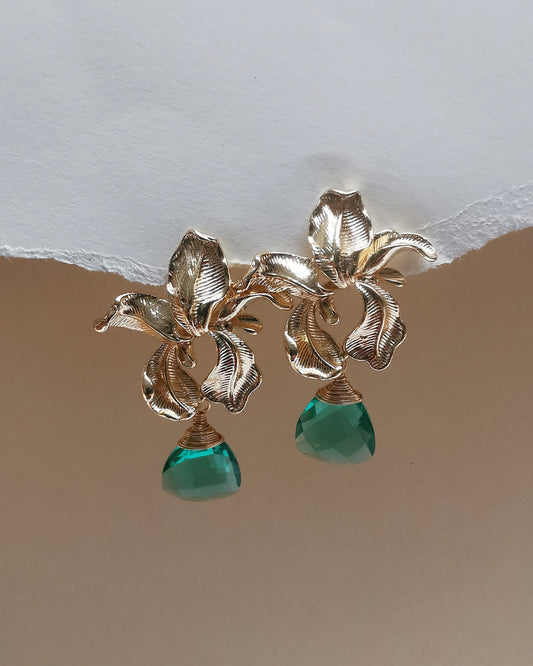 Orchid Flower Earrings with Caribbean Green Iolite