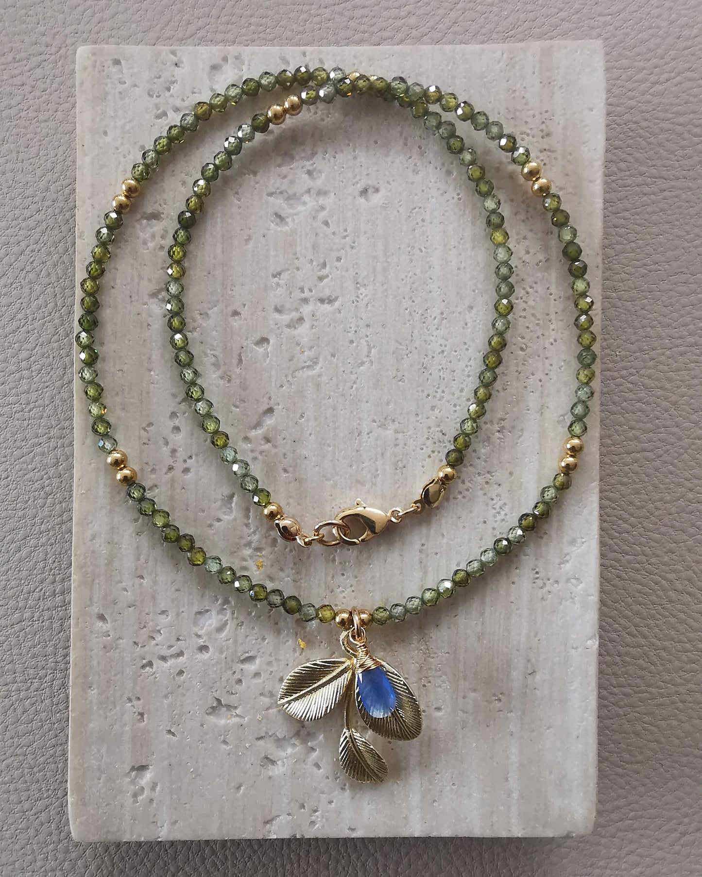 OLIVIA - Olive Leaf Bead Necklace with Wire-Wrapped Gemstone.