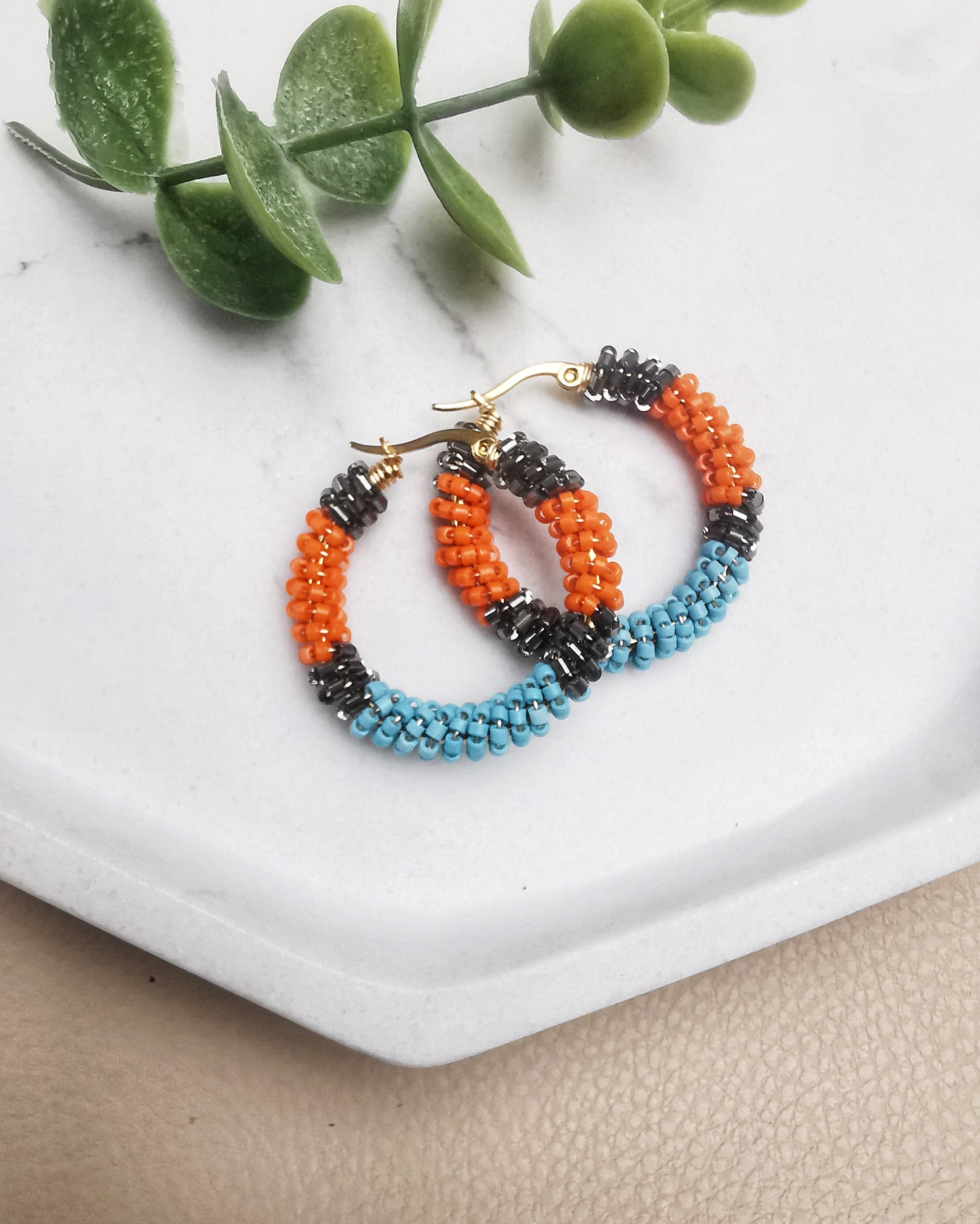 Hand-Wrapped Seed Bead Hoop Earrings Blue and orange
