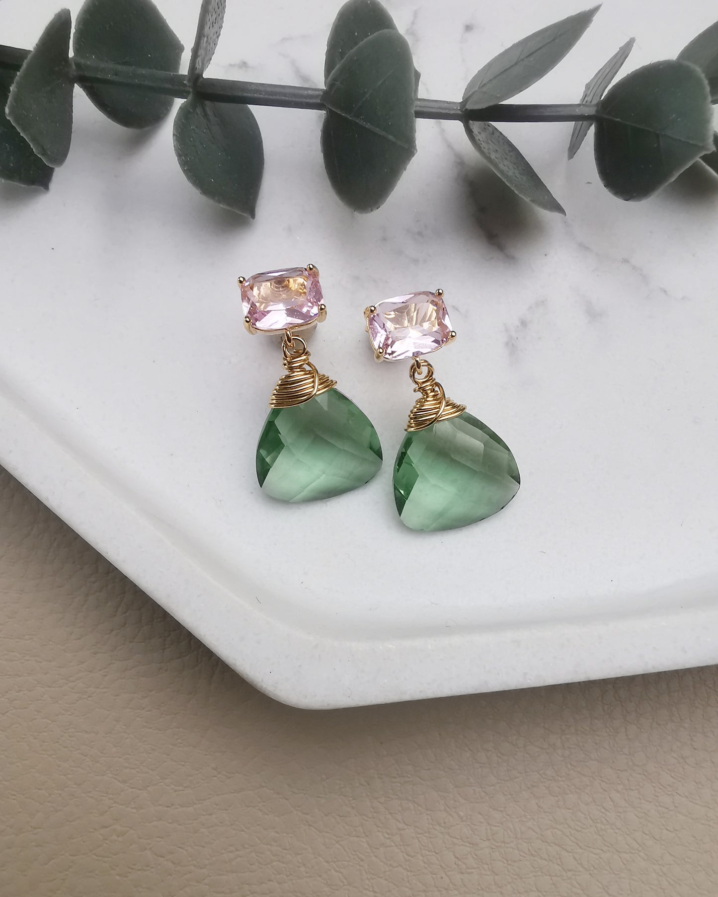 Pink Crystal and Green Amethyst Trillion Gemstone Stud Earrings