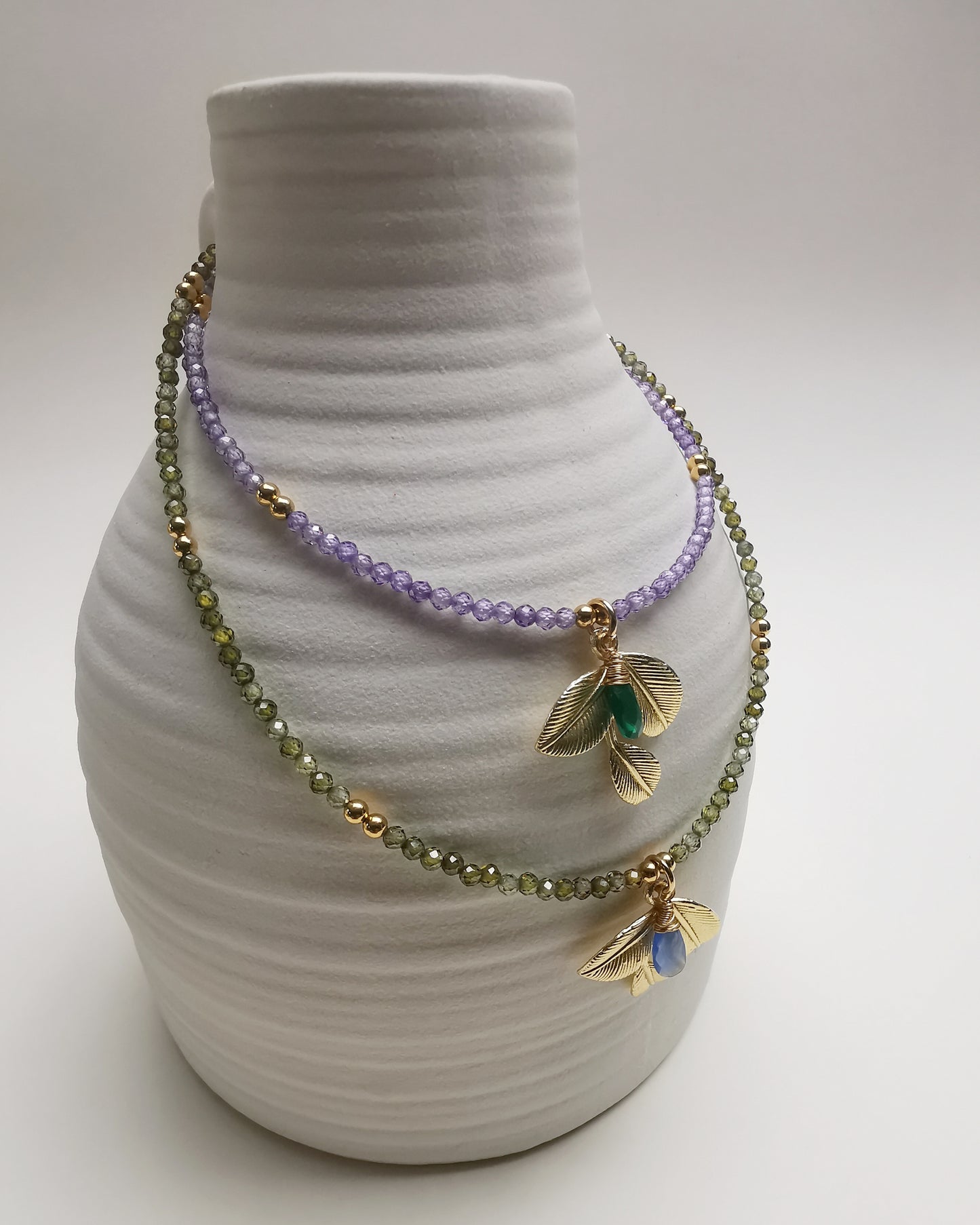 OLIVIA - Olive Leaf Bead Necklace with Wire-Wrapped Gemstone.