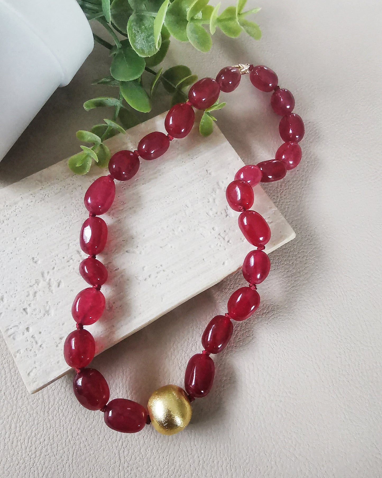 Red Wine Statement Chalcedony Necklace with a single gold brushed bead.