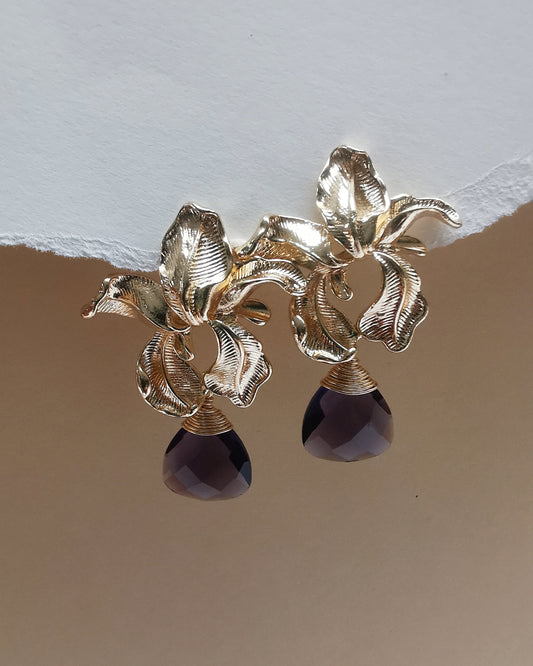 Orchid Flower Earrings with Amethyst Trillion Gemstone