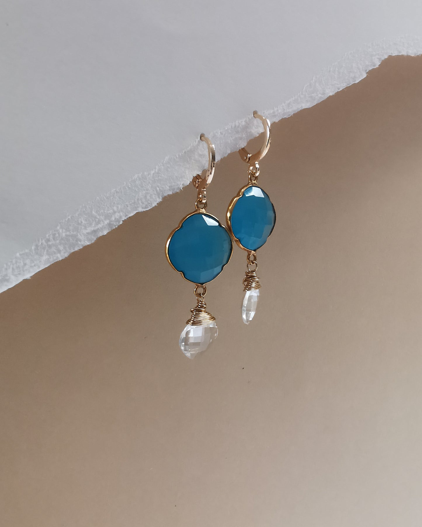 Blue Chalcedony Clover Earrings with Clear Quartz Drop