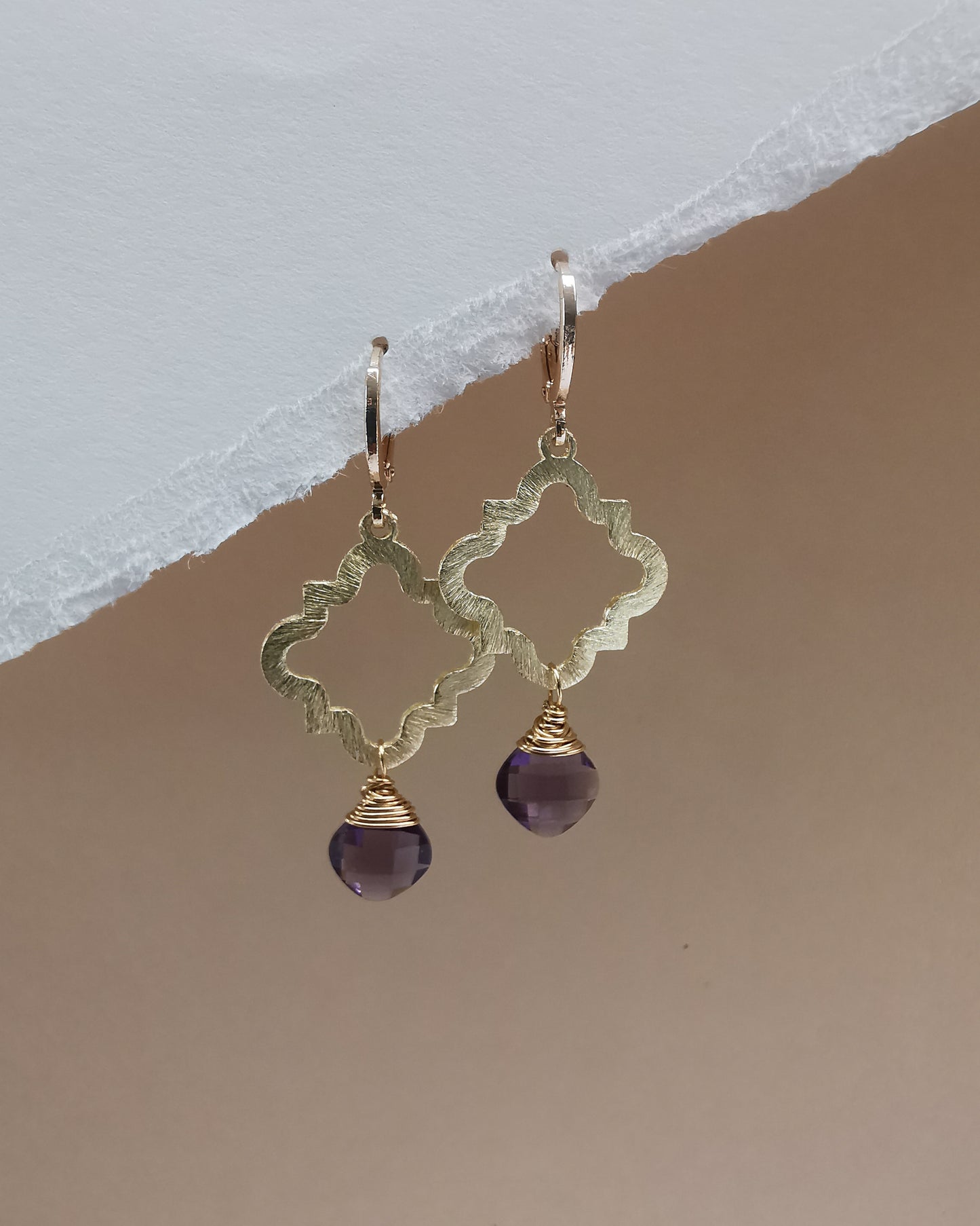Gold Brushed Geometric Earrings with Amethyst