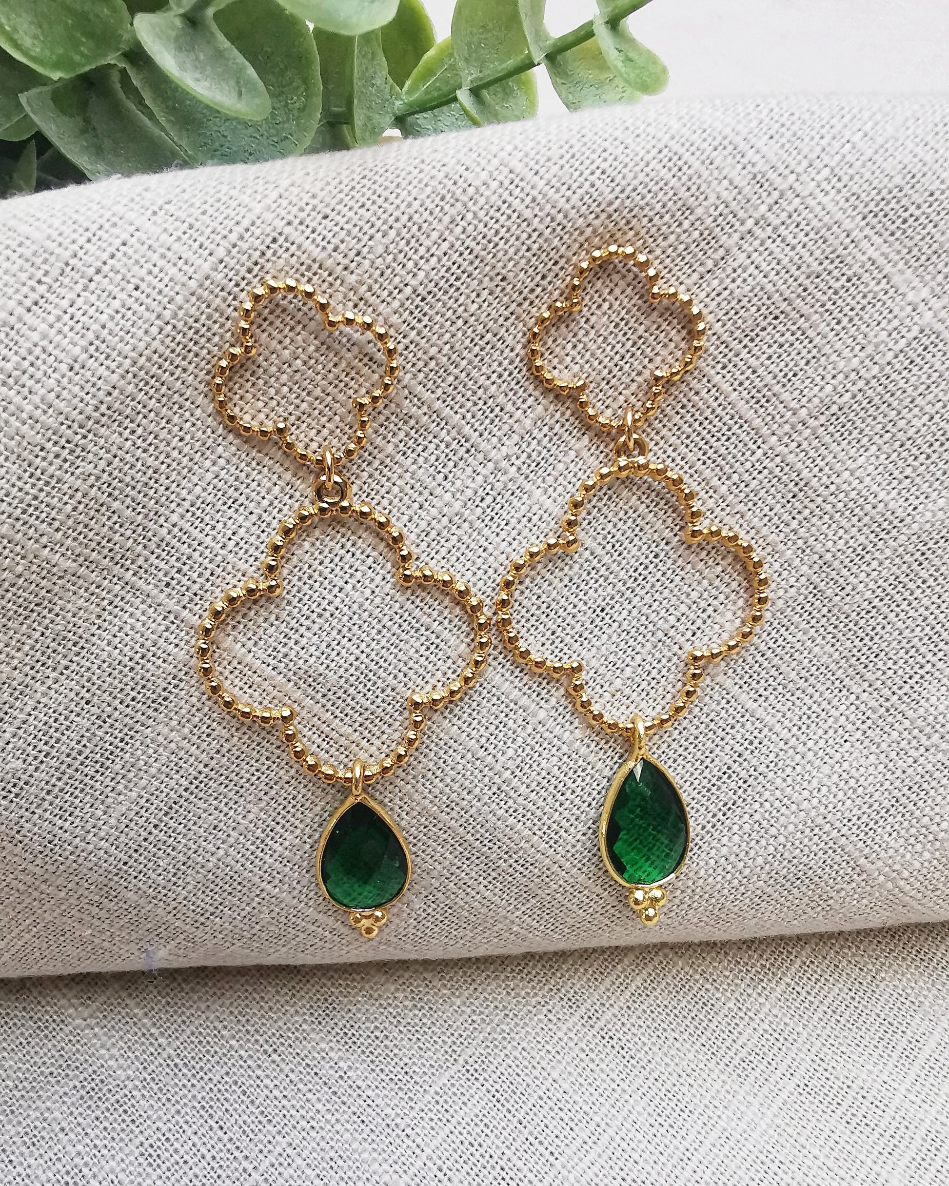 Long Drop Emerald Quartz Clover Earrings - Vinta Shop