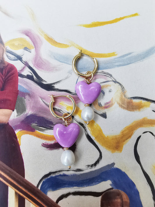 Purple Heart Hoop Earrings with freshwater Pearls - Vinta Shop